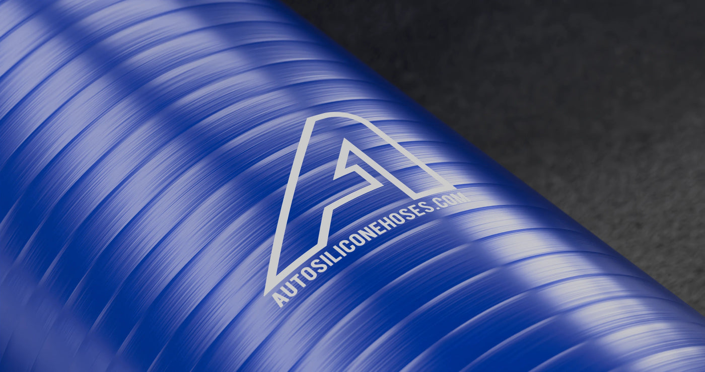Close-up of a blue silicone hose with a brand logo on a dark background